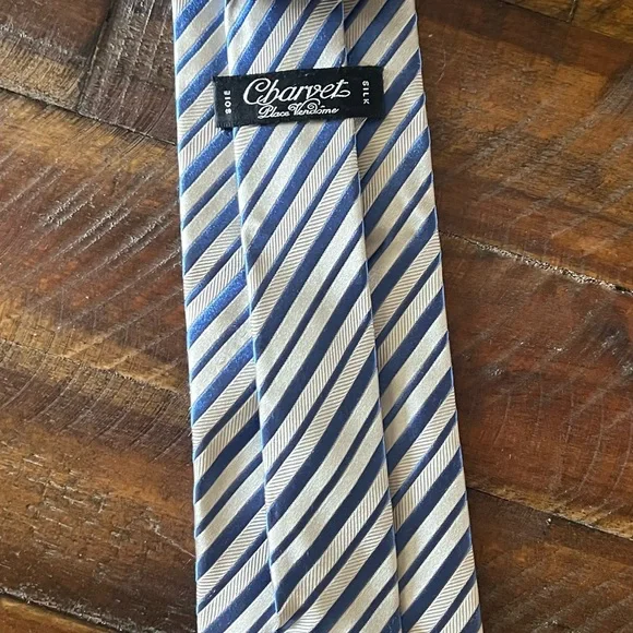 Charvet Paris Silk Tie – Silver & Blue Diagonal Stripe – Made in France - Picture 2 of 5